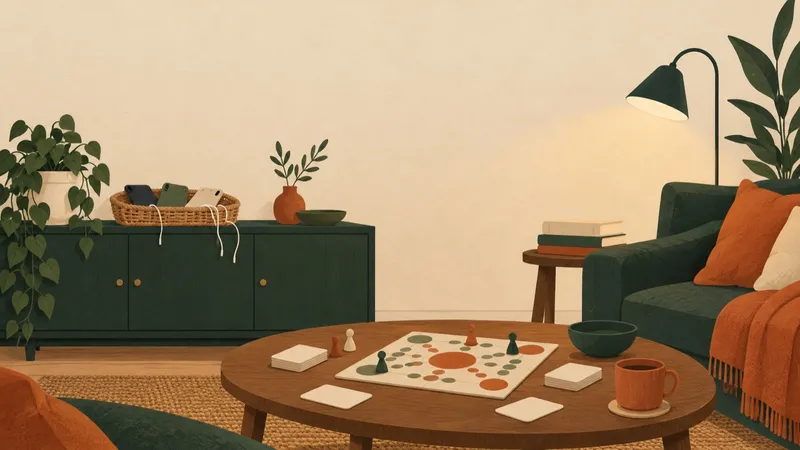 A living room in the evening with phones charging face-down in a woven basket on a sideboard and a board game laid out on a low table.