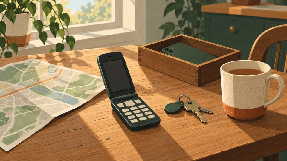 A kitchen table in morning light with an open flip phone, a folded paper map, house keys and a mug of tea, while a smartphone lies face-down in a wooden box.