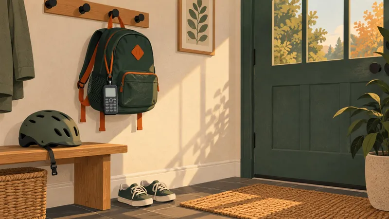 A hallway by a front door with a child’s school backpack on a hook, a small keypad phone hanging from it on a lanyard, a bike helmet on a bench and small sneakers on the mat.