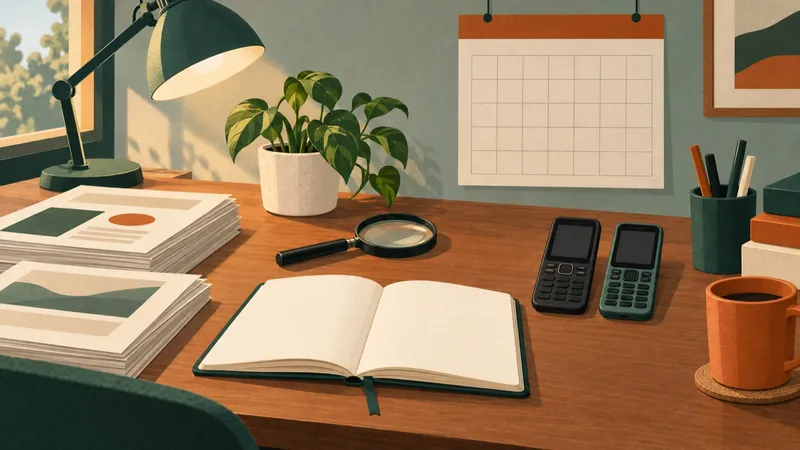 A desk with stacks of printed papers, an open blank notebook, a magnifying glass, a blank wall calendar and two basic keypad phones side by side.