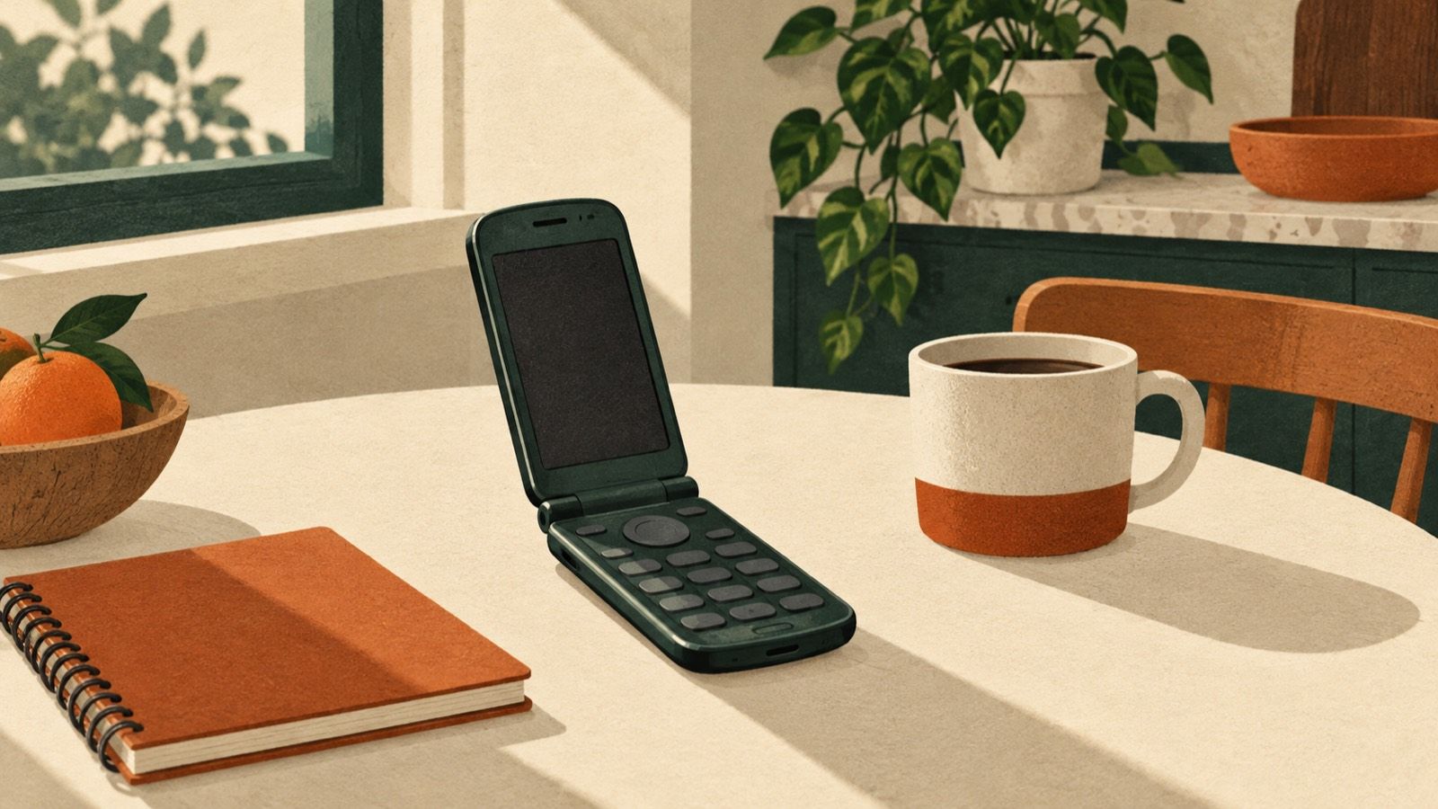 A generic unbranded flip phone lying open on a cream kitchen table beside a mug and a notebook, in flat editorial illustration style