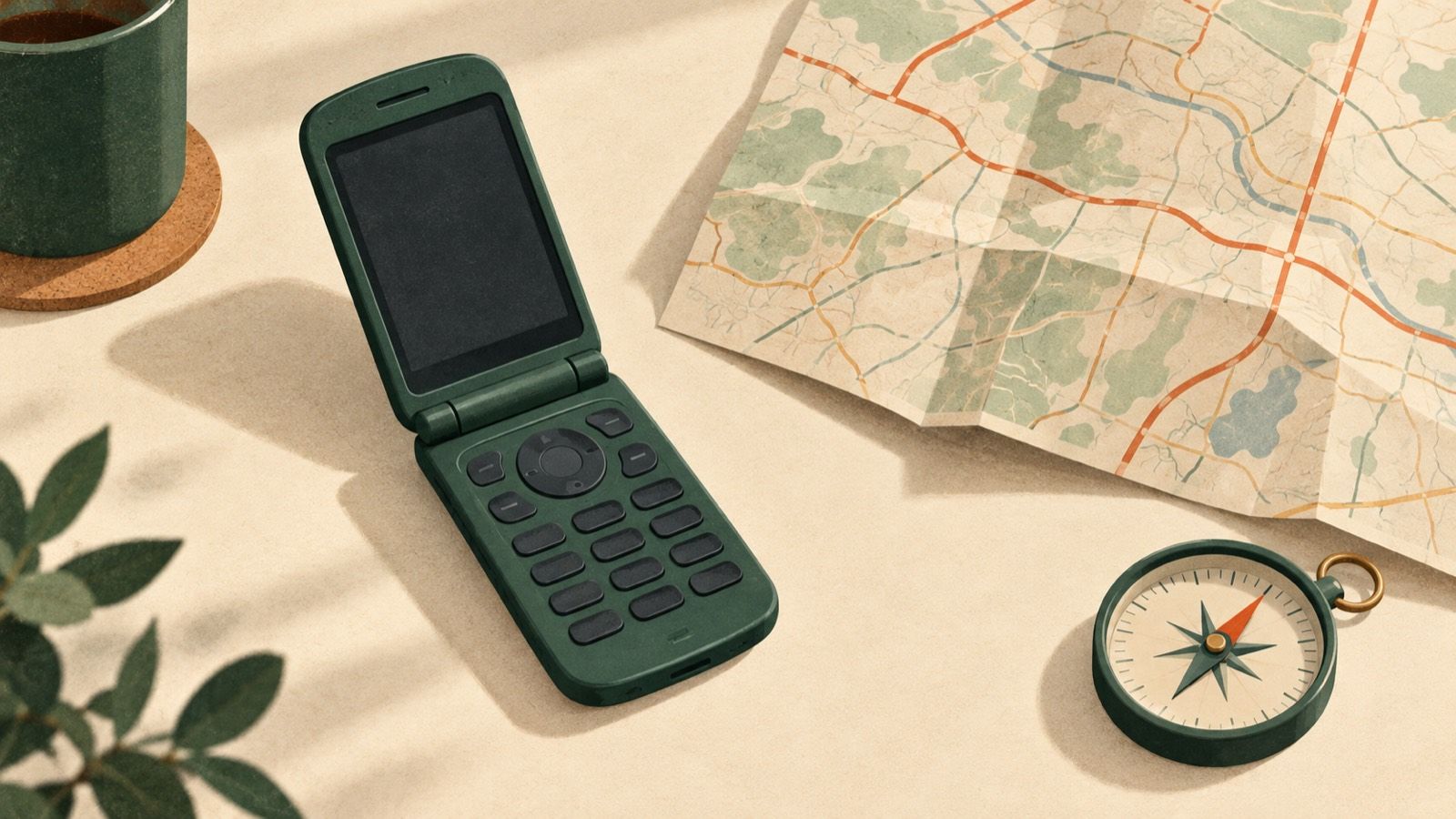 A generic unbranded green flip phone lying open on a cream desk beside a folded paper road map and a pocket compass, in flat editorial illustration style