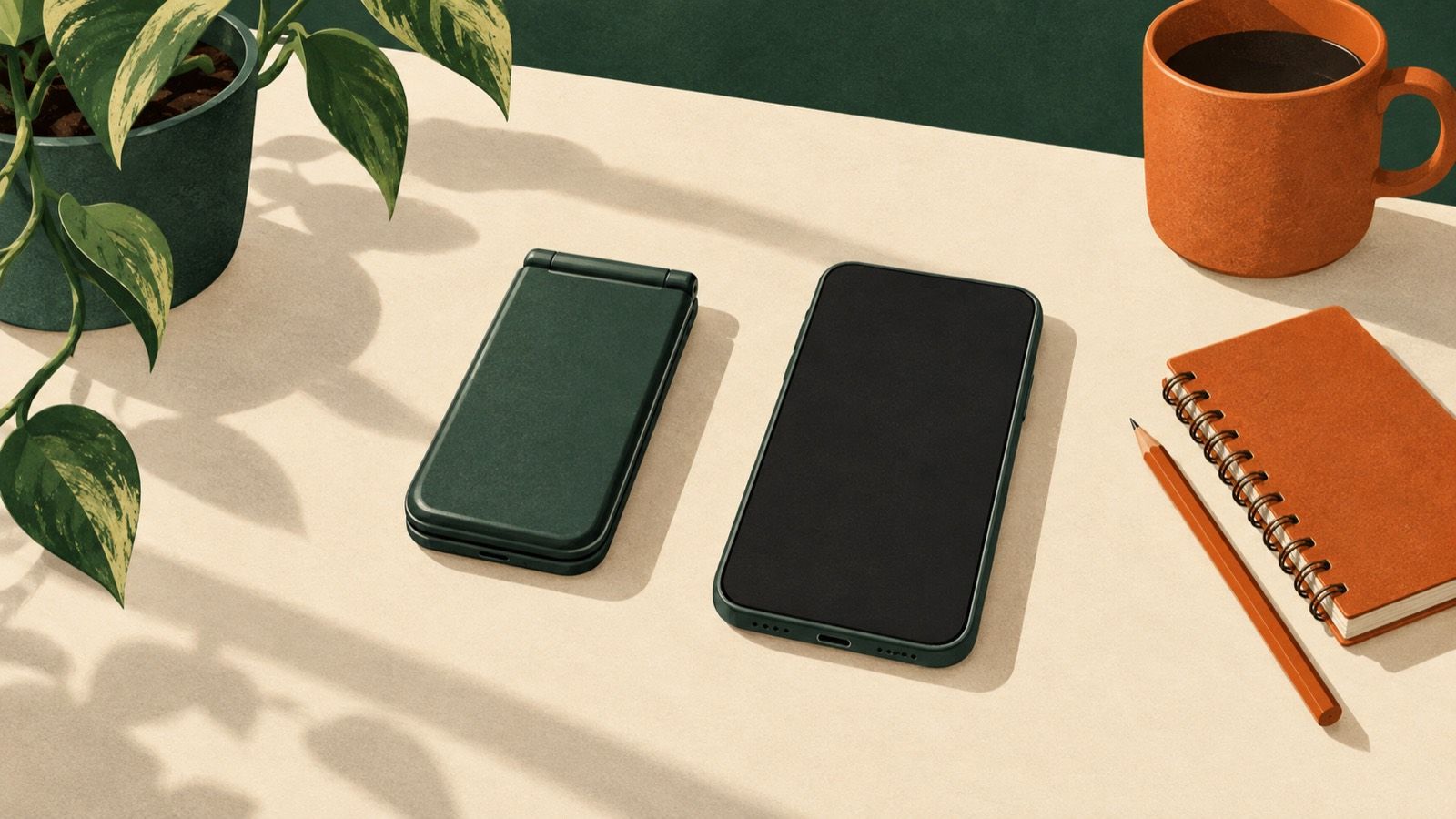 A closed unbranded flip phone and a smartphone side by side on a cream desk next to a notebook and pencil, in flat editorial illustration style